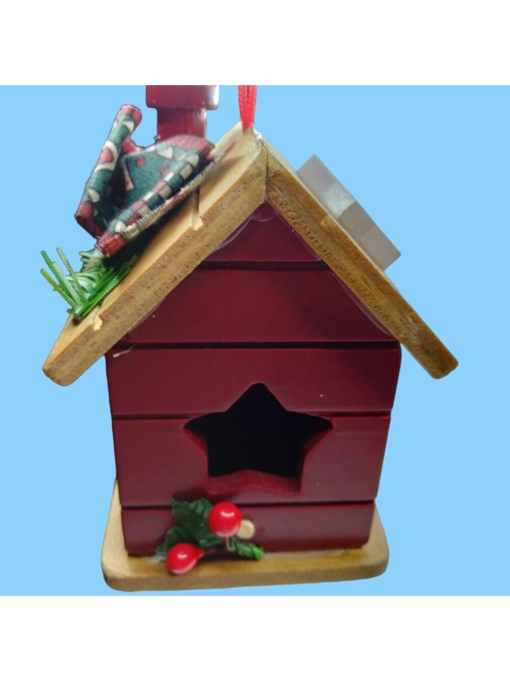 Red Birdhouse Christmas Ornament Wood Star Door Cottage Cabin Lodge